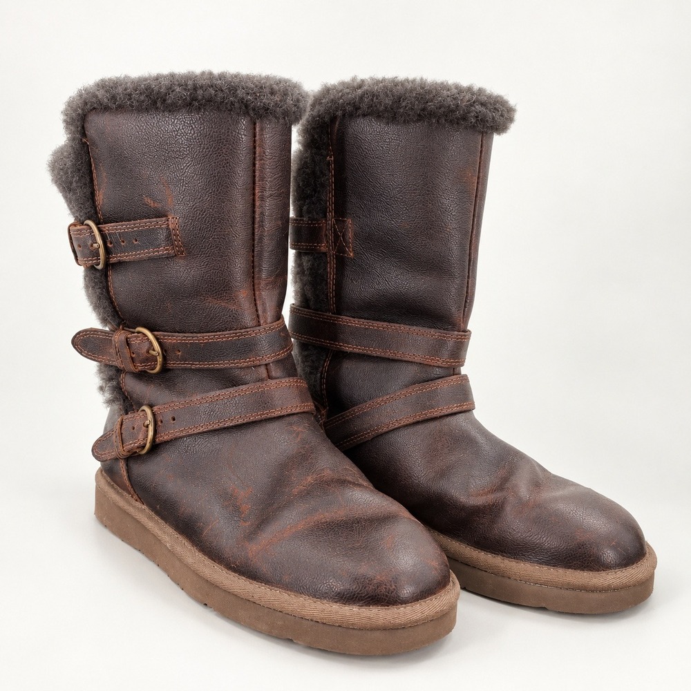 UGG Ellee Gorpcore Biker Leather Buckle Boots Womens 5 Grunge Moto Cozy